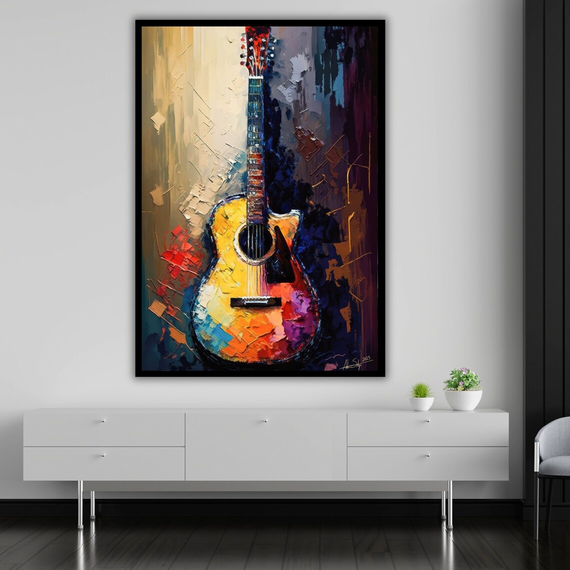 Colorful Acoustic Guitar Impasto Oil Painting Vibrant Music Room Wall Art - Image 5