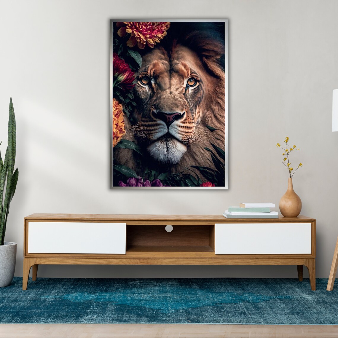 Majestic Lion Face Floral Crown Dramatic Dark Wildlife Portrait Art Print - Image 2
