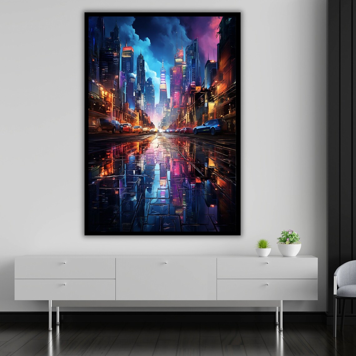 Neon City Street Night Skyscrapers Wet Reflections Cyberpunk Poster - Image 5