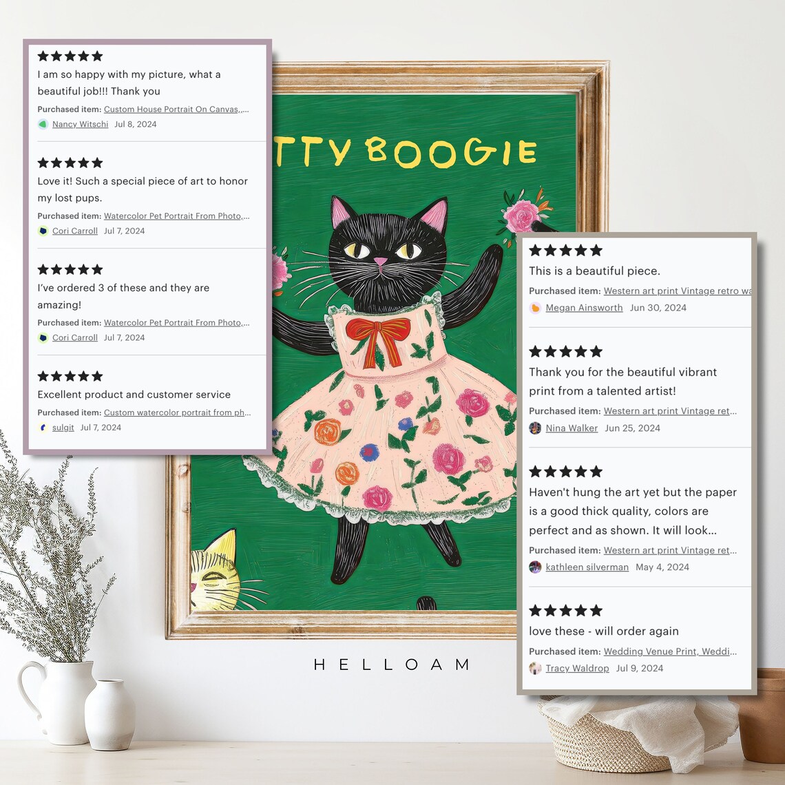 Kitty Boogie Dancing Black Cat Pink Floral Dress Cute Green Wall Poster - Image 4