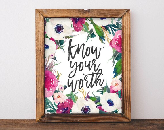 Know Your Worth Watercolor Floral Script Self Love Motivational Poster