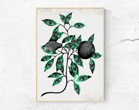 Surreal Vintage Botanical Green Leaves With Eyes Strange Wall Art