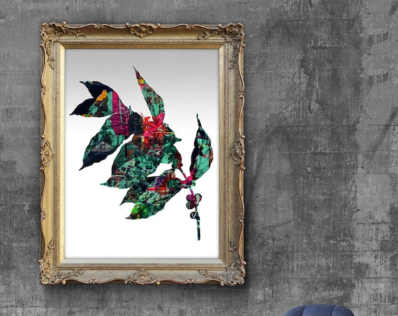 Abstract Floral Leaf Spray Collage Botanical Green Magenta Art Print