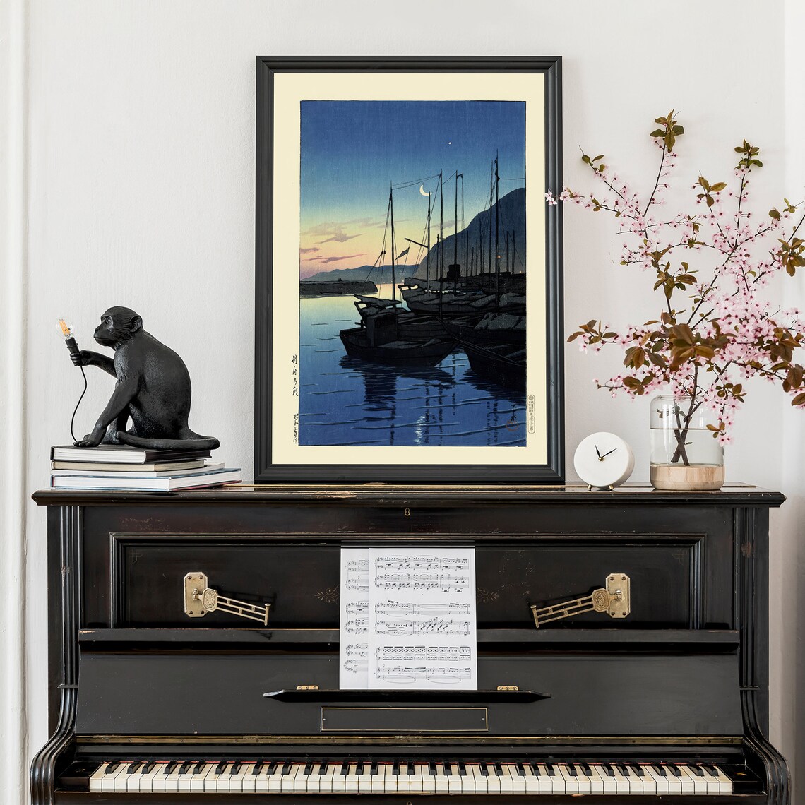Japanese Harbor Dusk Fishing Boats Crescent Moon Woodblock Poster - Image 2