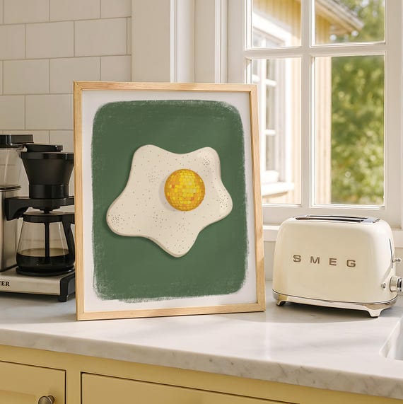 Disco Ball Fried Egg Kitchen Poster, Dopamine Decor