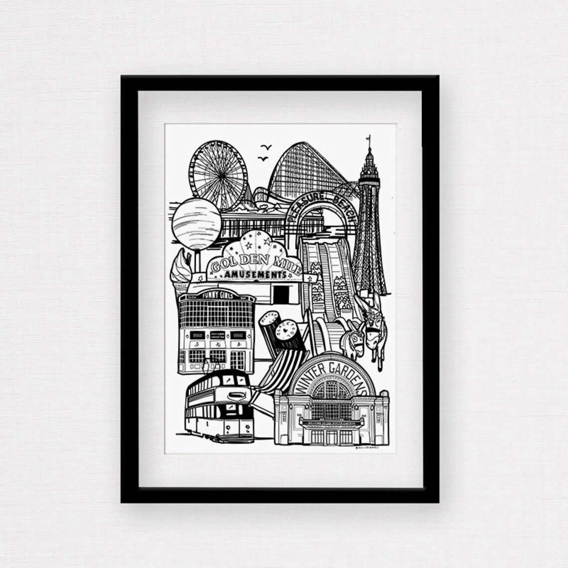 Framed Blackpool Landmark Illustration Print Black White Skyline
