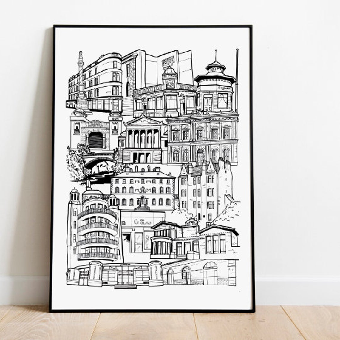 Glasgow Southside Landmarks Black White Skyline Line Artwork Poster