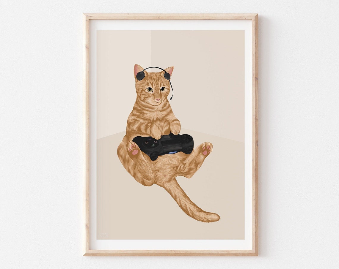 Gaming Cat Art Print, Gamer Room Decor