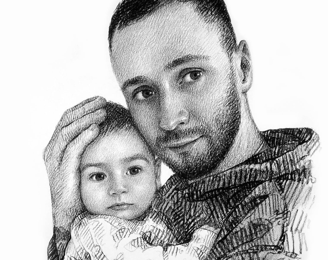 Dad Embracing His Kids Custom Charcoal Portrait Sketch Art Print - Image 9