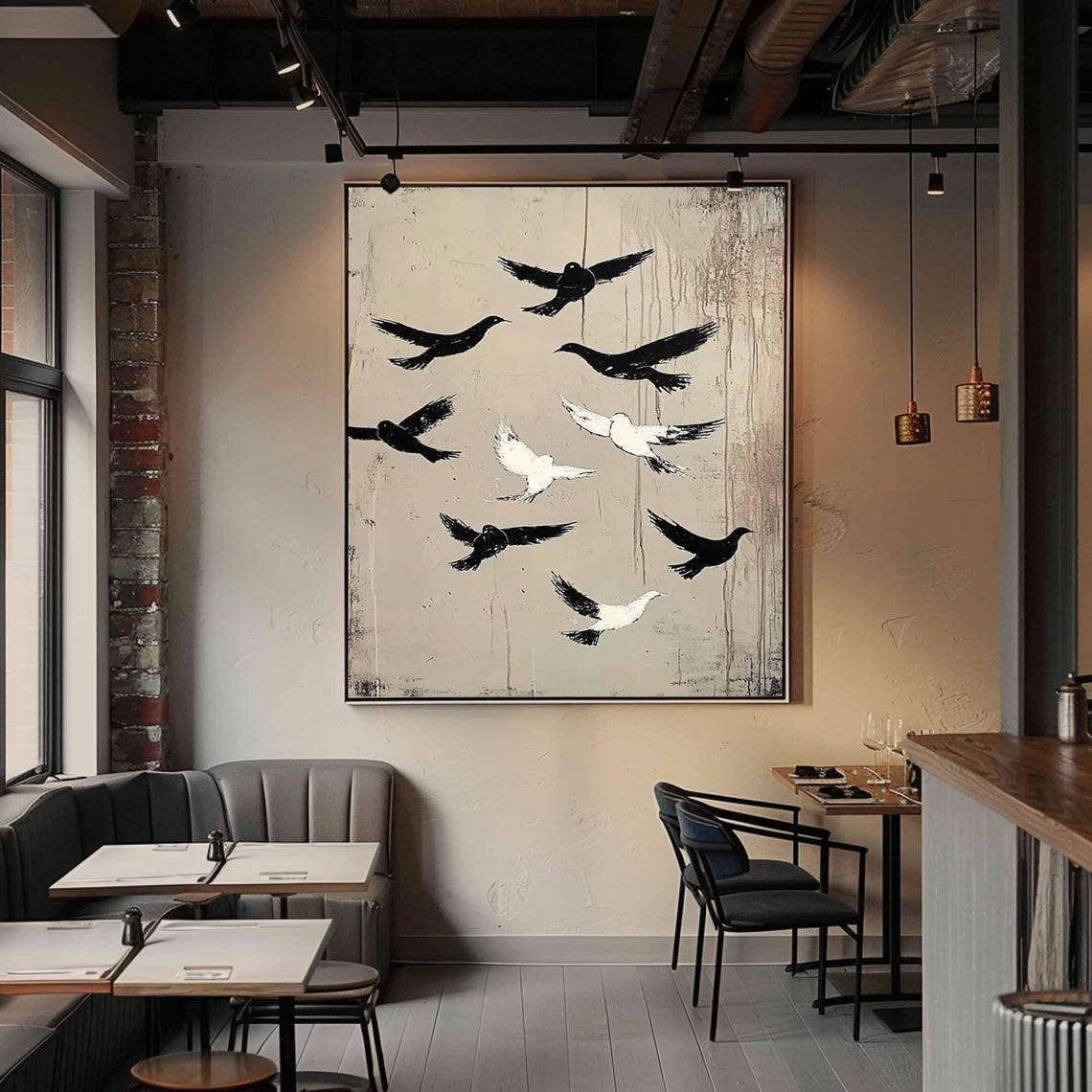 Beige Flying Birds Abstract Minimalist Neutral Tone Canvas Poster - Image 2