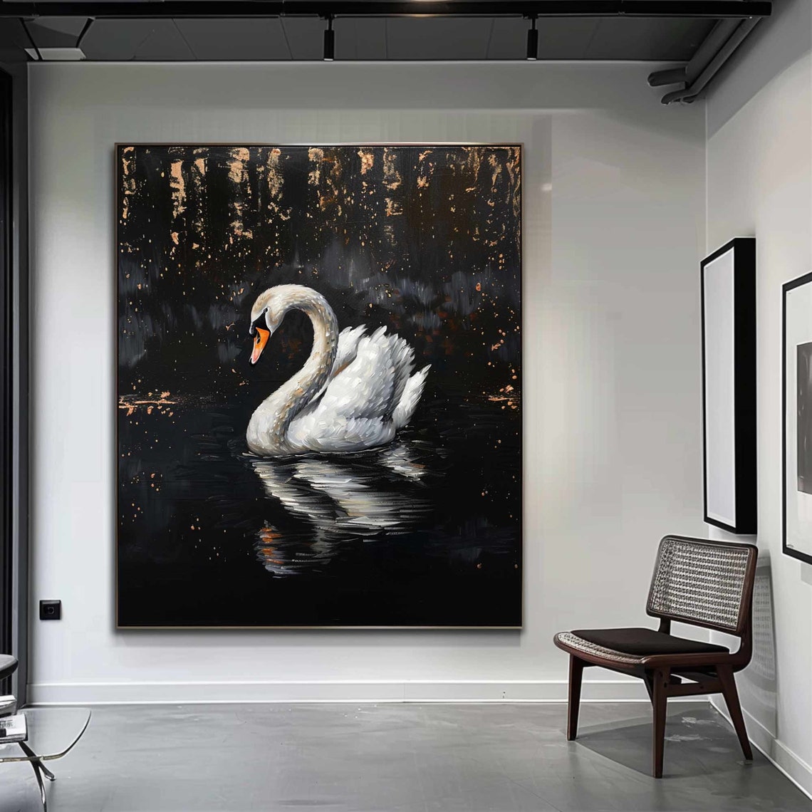 Graceful White Swan on Black Water Gold Leaf Elegant Oil Art Poster - Image 2