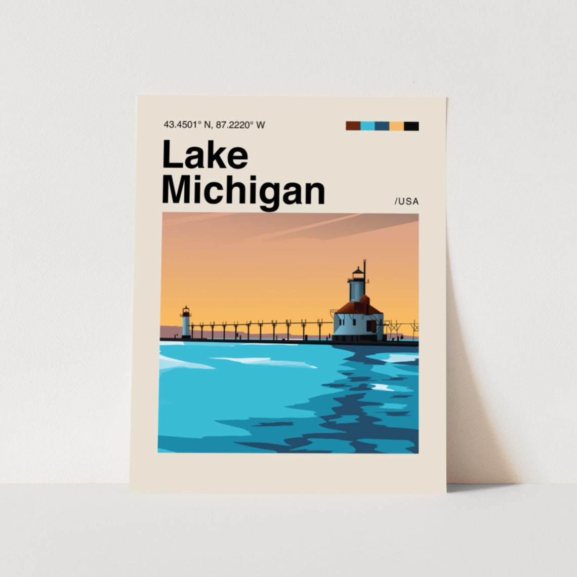 Lake Michigan Poster Minimalist Helvetica Mid Century Modern Lake Michigan Travel Print Lake Poster Lake Michigan Wall Art