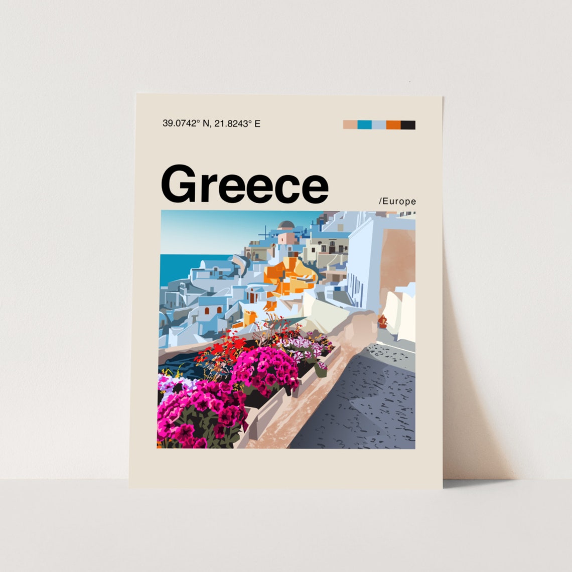 Greece Whitewashed Island Street Illustrated Minimalist Art Poster