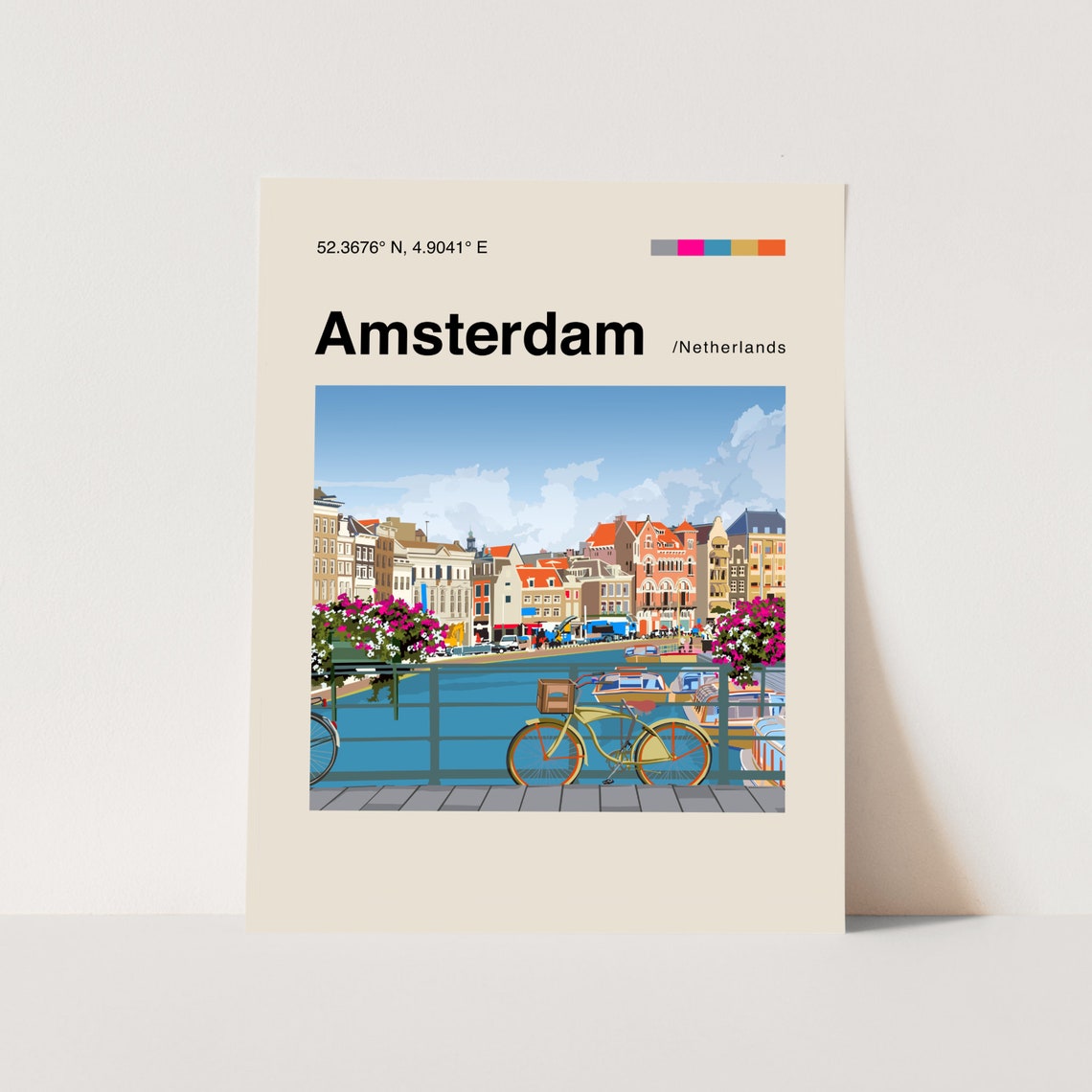 Amsterdam Canal Bridge Bicycle Flowers Flat Illustration Travel Poster