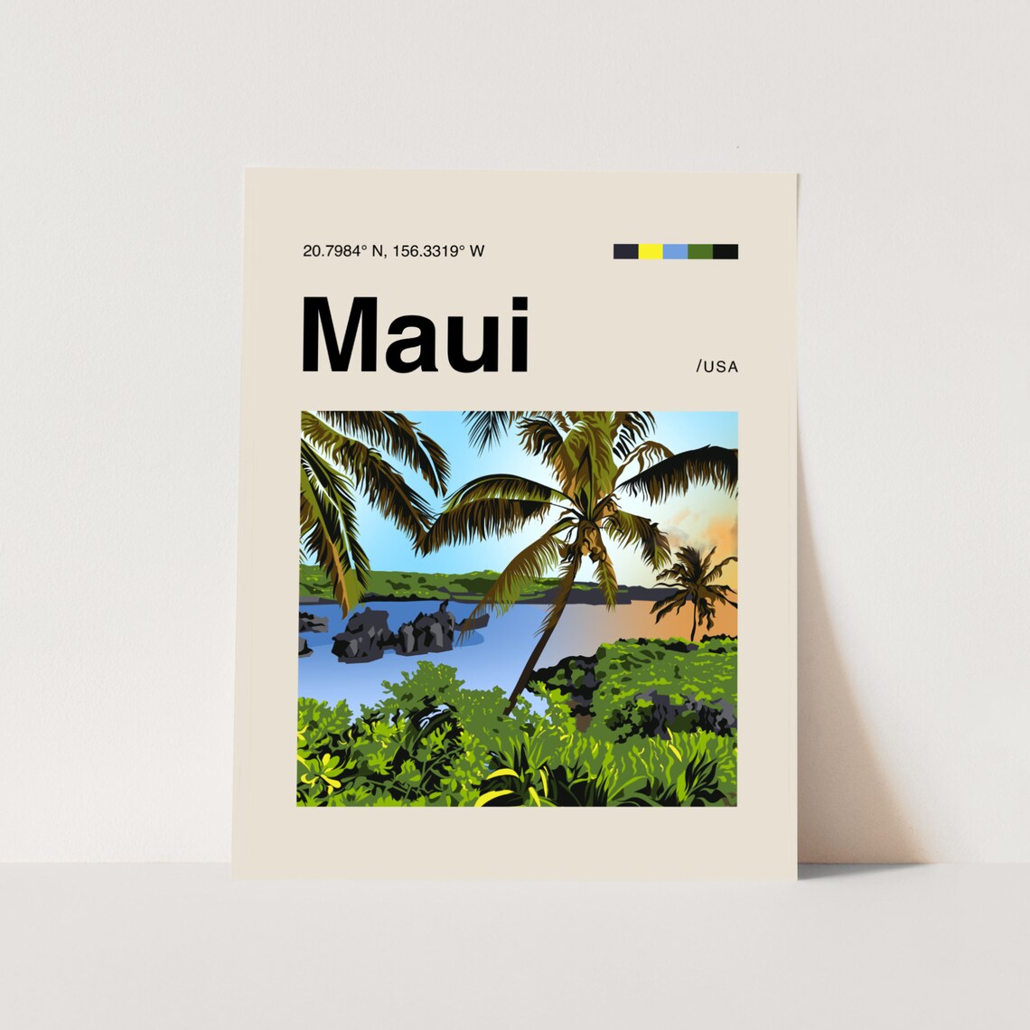 Maui Hawaii Tropical Beach Palms Minimalist Helvetica Travel Poster