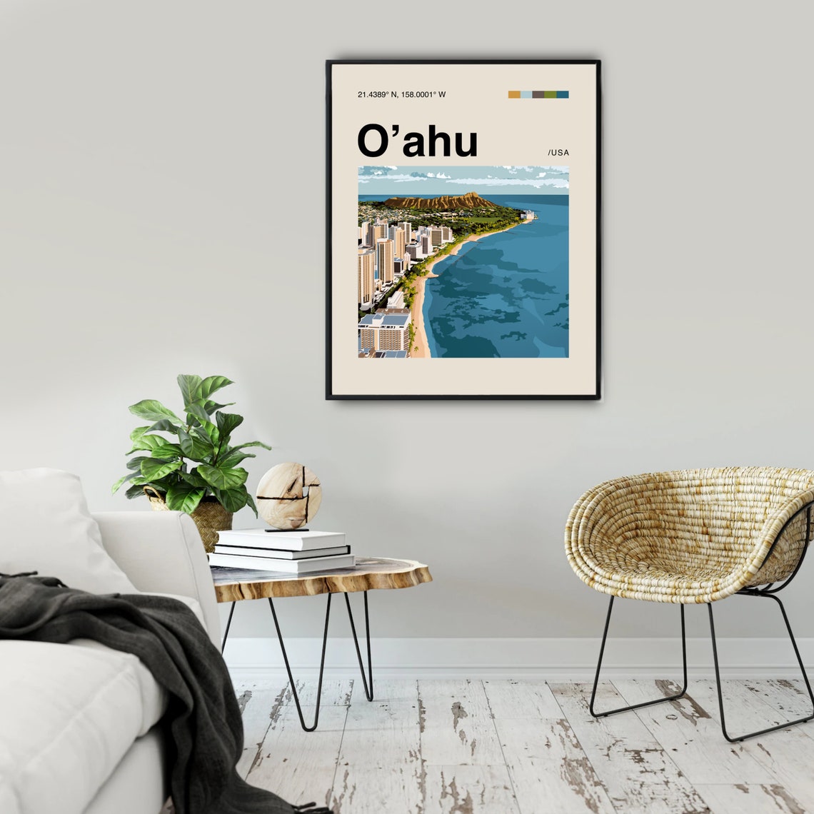 Oahu Hawaii Waikiki Beach Diamond Head Minimalist Travel Poster - Image 2
