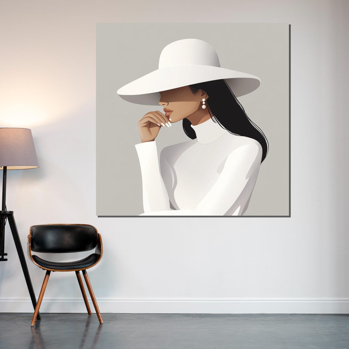 Minimalist Lady In White Hat And Turtleneck Soft Neutral Style Poster