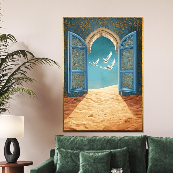 Ethnic Blue Doorway Desert Doves Wall Art Decor Framed Wall Art Ready To Hang Ethnic Home Decoration Scenic Doorway Print