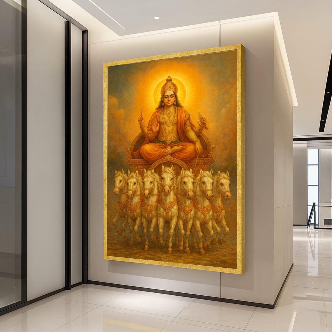 Surya Sun God on Seven Horse Chariot Golden Devotional Poster