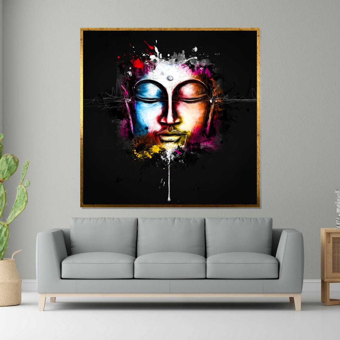 Buddha Face Paint Splatter Black Background Modern Art Poster