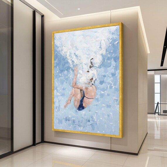 Abstract Diving Woman Blue Water Splash Painting Modern Canvas Poster