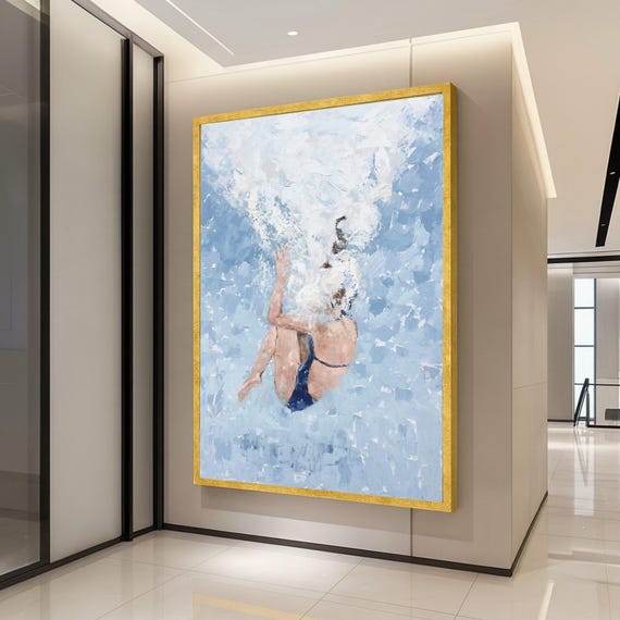 Diving Woman Canvas Print Swimmer Wall Art Modern Water Splash Painting Summer Pool Scene Decor Ready To Hang