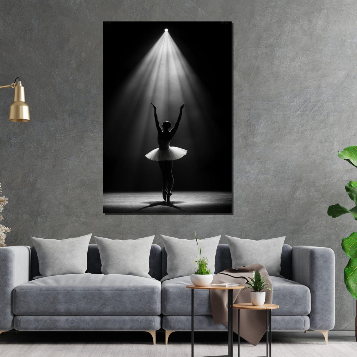 Ballerina Silhouette Under Stage Spotlight Black and White Poster - Image 2