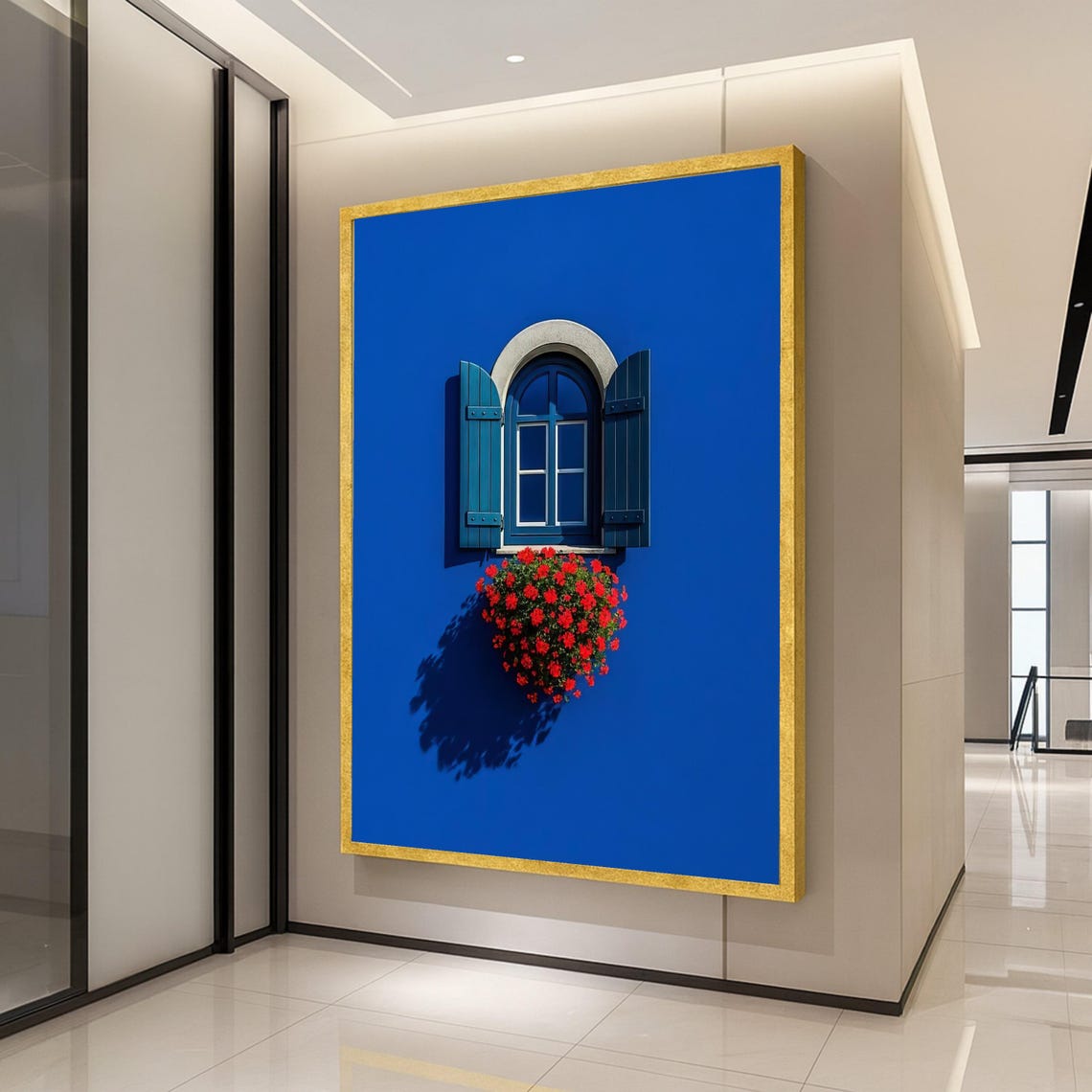 Blue Wall Arched Window Red Geraniums Mediterranean Style Poster