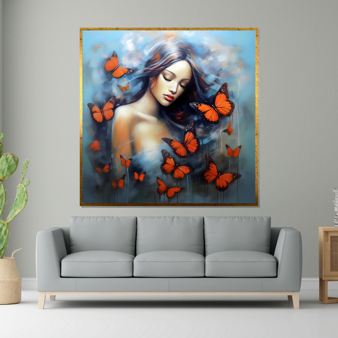 Serene Woman Surrounded By Monarch Butterflies Blue Dreamy Art Poster