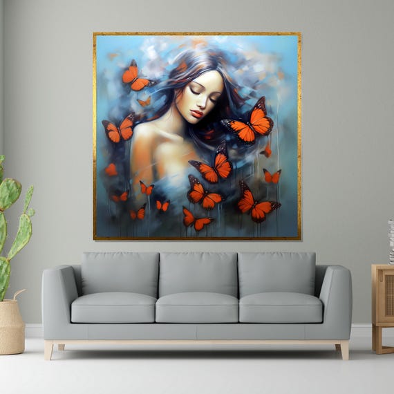 Butterfly Dream Woman Butterflies Wall Art Surreal Portrait Print Modern Art Framed Wall Decor Ready To Hang