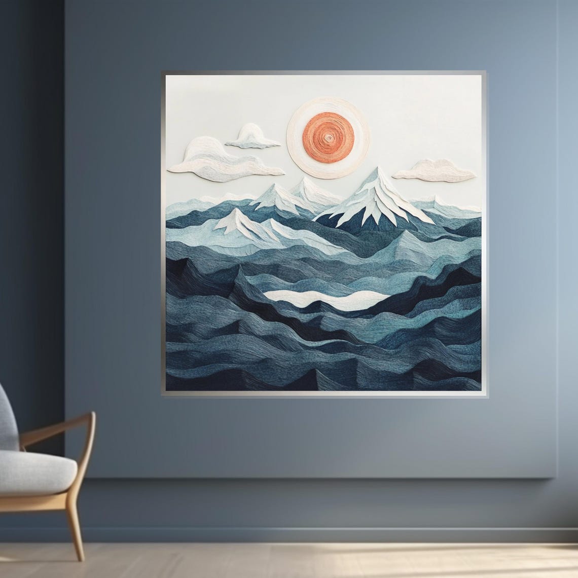 Stitched Blue Mountain Peaks Embroidered Thread Landscape Poster - Image 4
