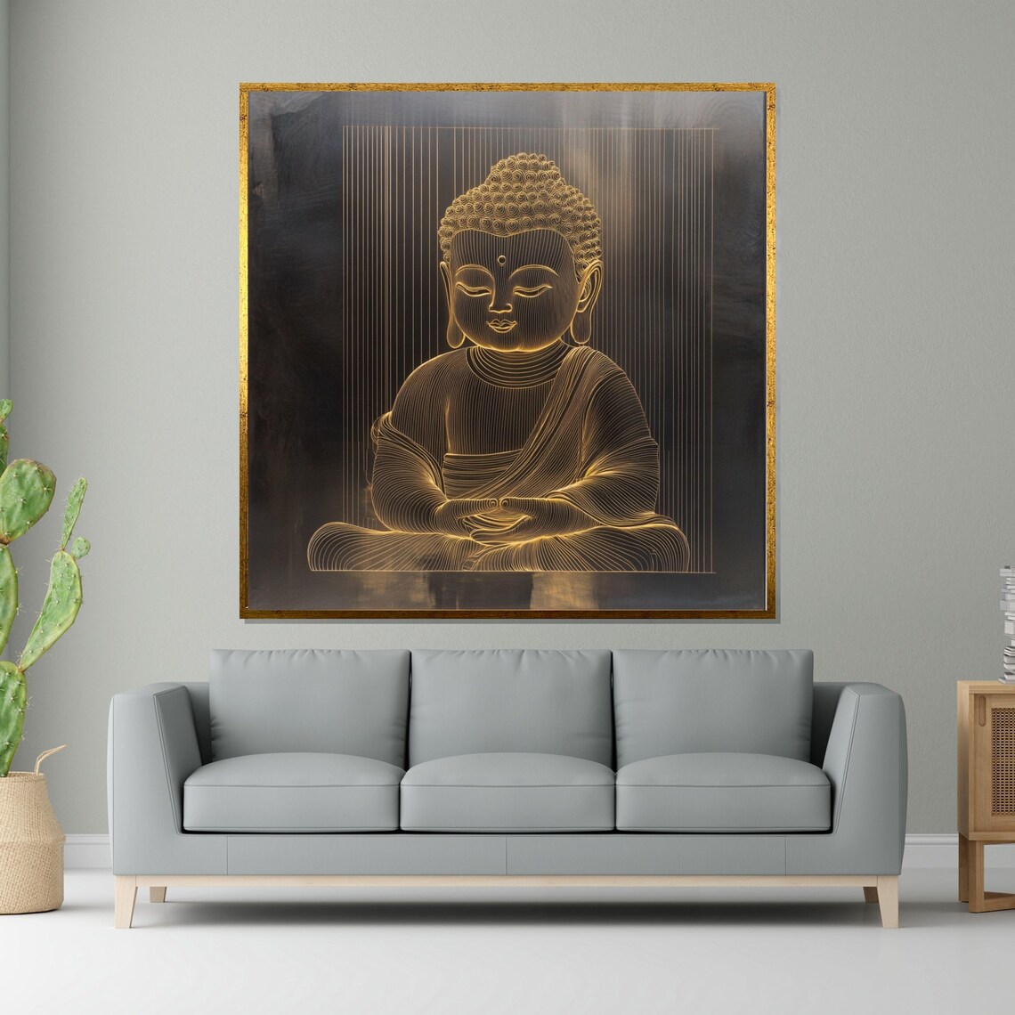 Golden Line Art Buddha Portrait on Black Modern Spiritual Art Poster