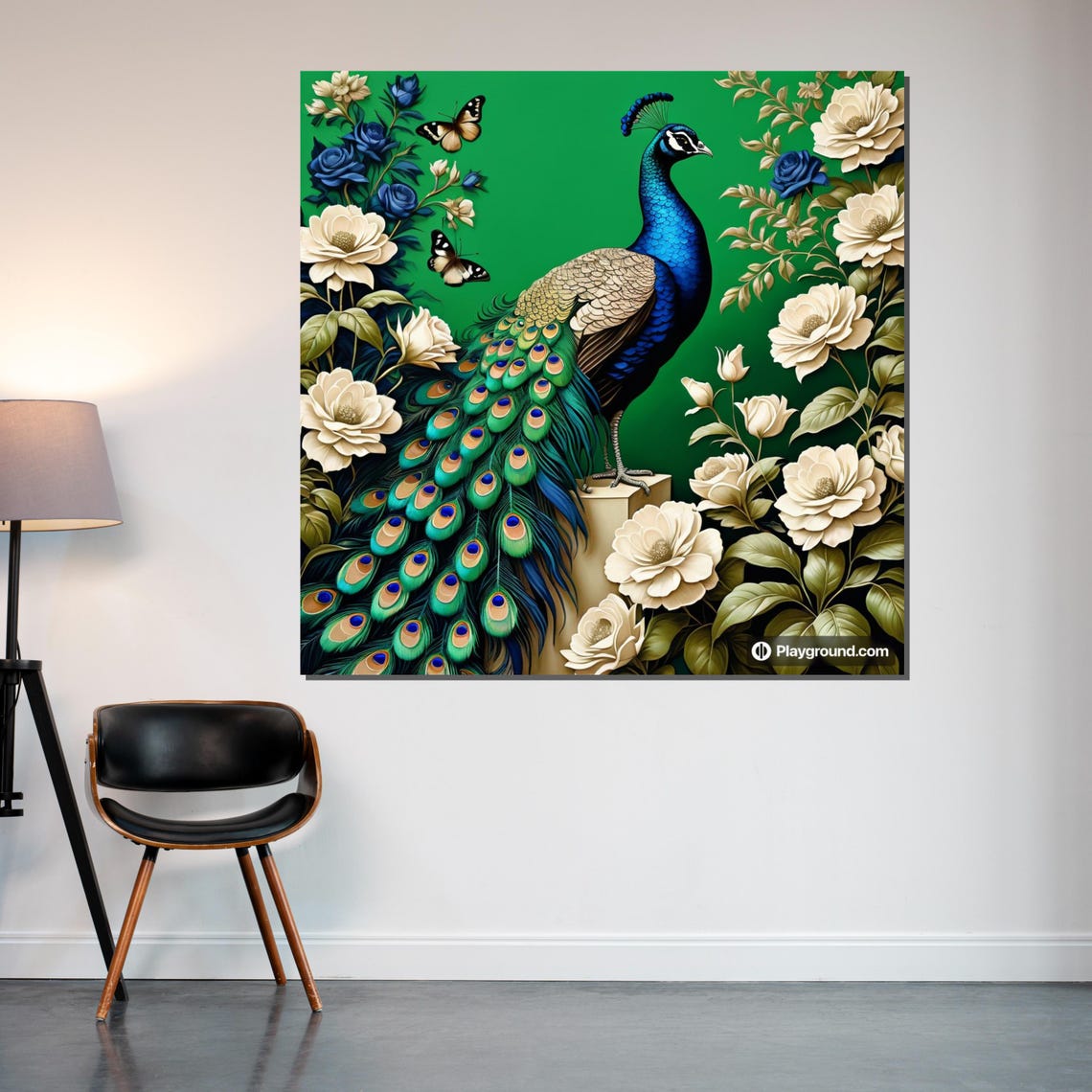 Elegant Peacock White Roses Butterflies Green Regal Bird Art Poster - Image 2