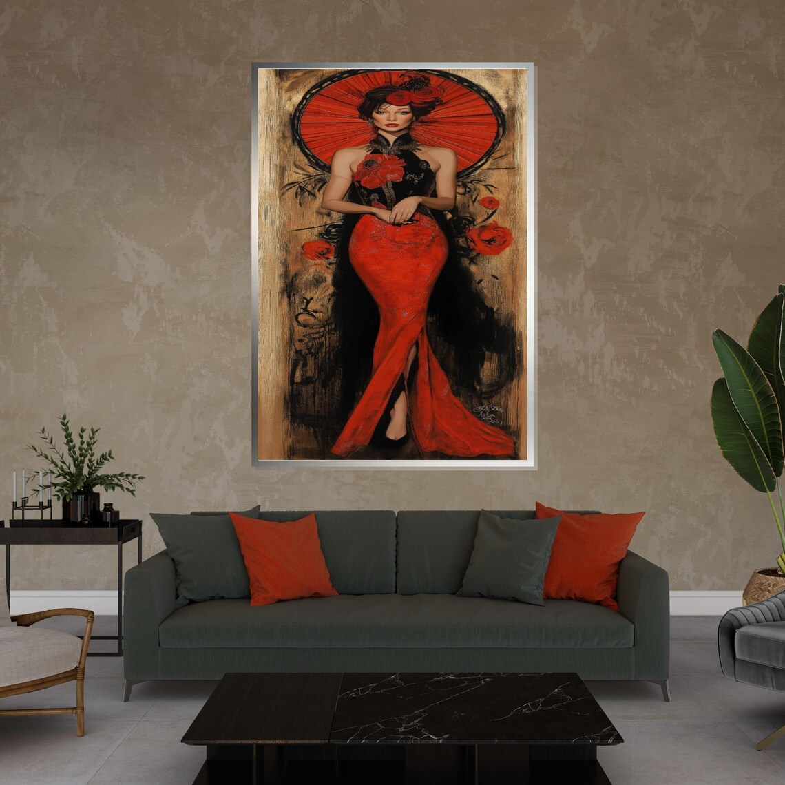 Oriental Beauty In Red Cheongsam With Parasol Floral Glamour Poster - Image 3