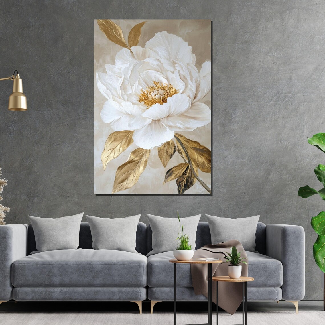 White Peony Golden Leaves Cream Background Classic Elegant Art Poster - Image 2