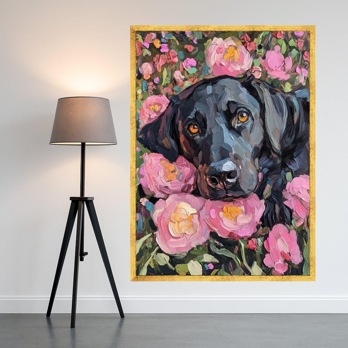 Black Labrador Retriever Among Pink Peonies Impasto Art Poster