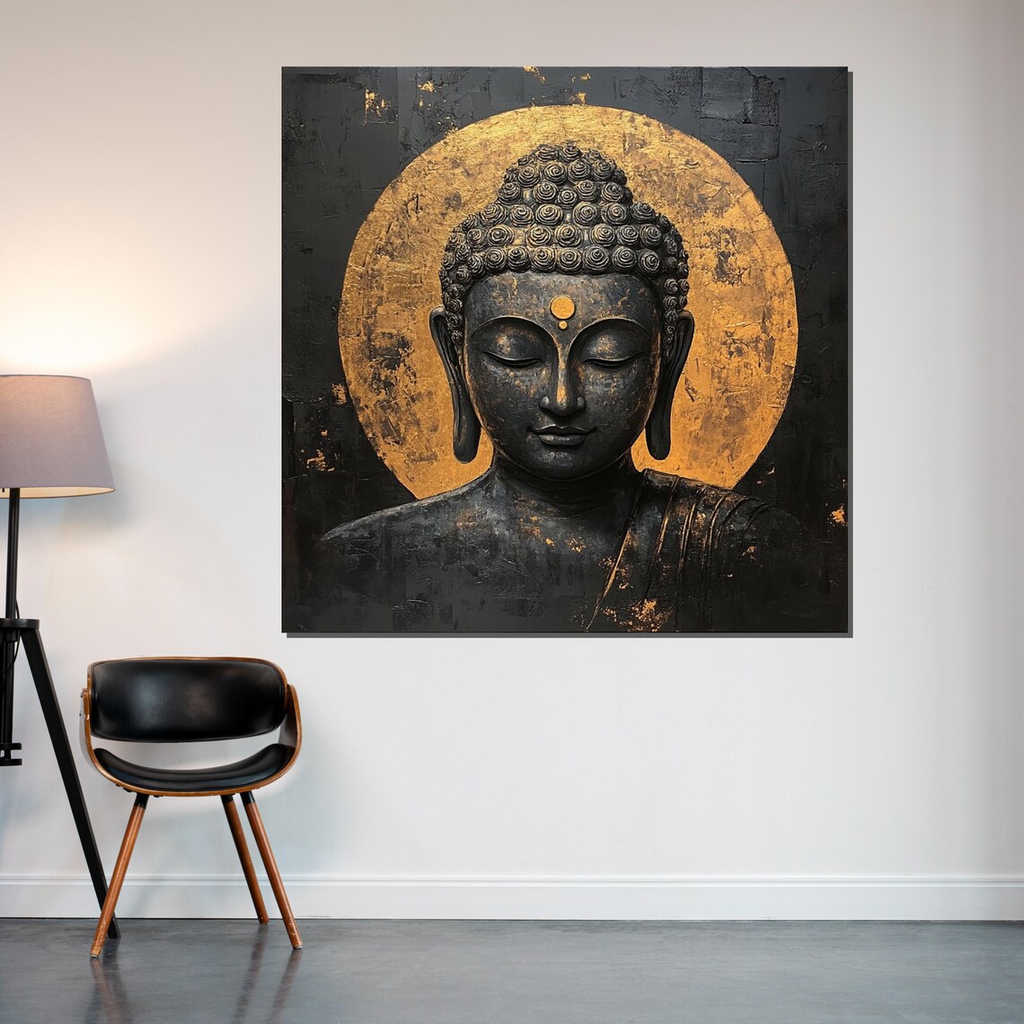 Black and Gold Buddha Head Golden Halo Sacred Spiritual Art Poster - Image 2