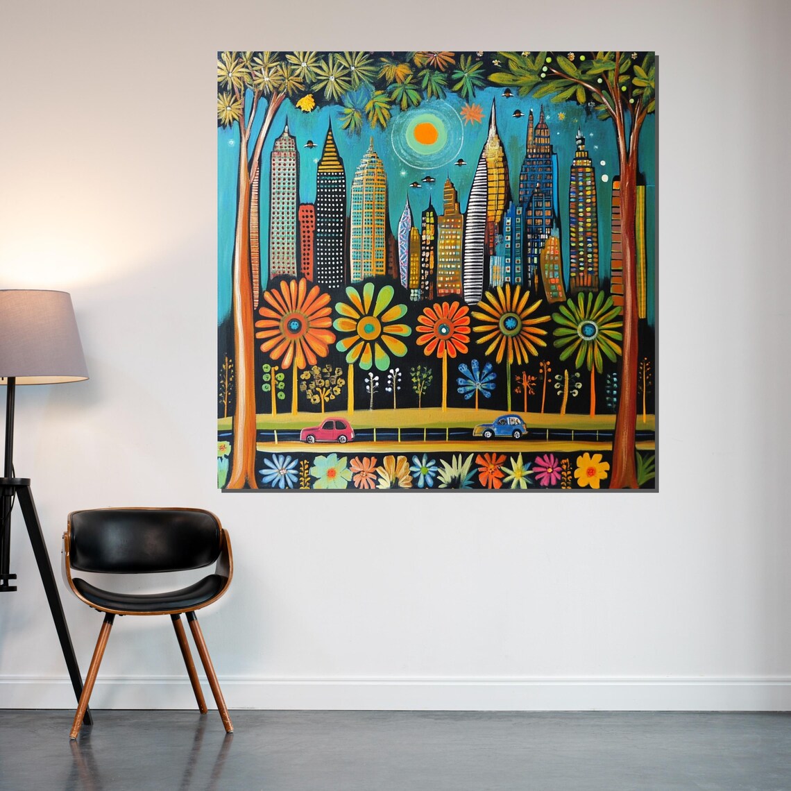 Whimsical Colorful City Skyline with Giant Flowers Modern Art Poster - Image 2
