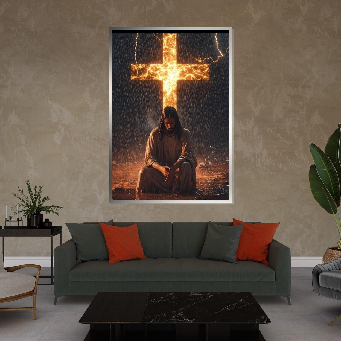 Jesus Kneeling Before Fiery Cross In Rain Christian Faith Wall Art - Image 4