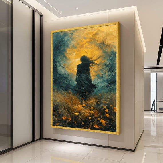 Enigmatic Woman Silhouette Canvas Golden Floral Field Wall Art Dreamy Abstract Landscape Mystical Nature Home Ready To Hang