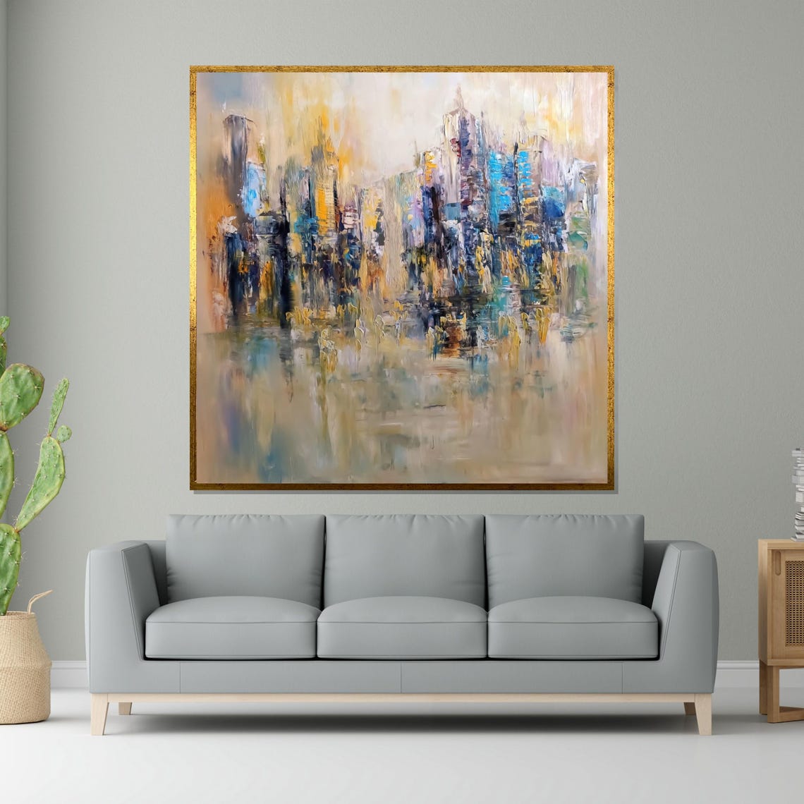 Soft Abstract Cityscape Water Reflection Muted Blue Beige Print