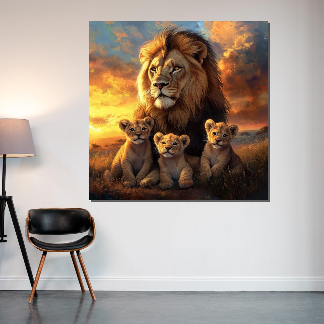 Lion Watching Over Three Cubs At Sunset Savannah Wildlife Art Poster - Image 2