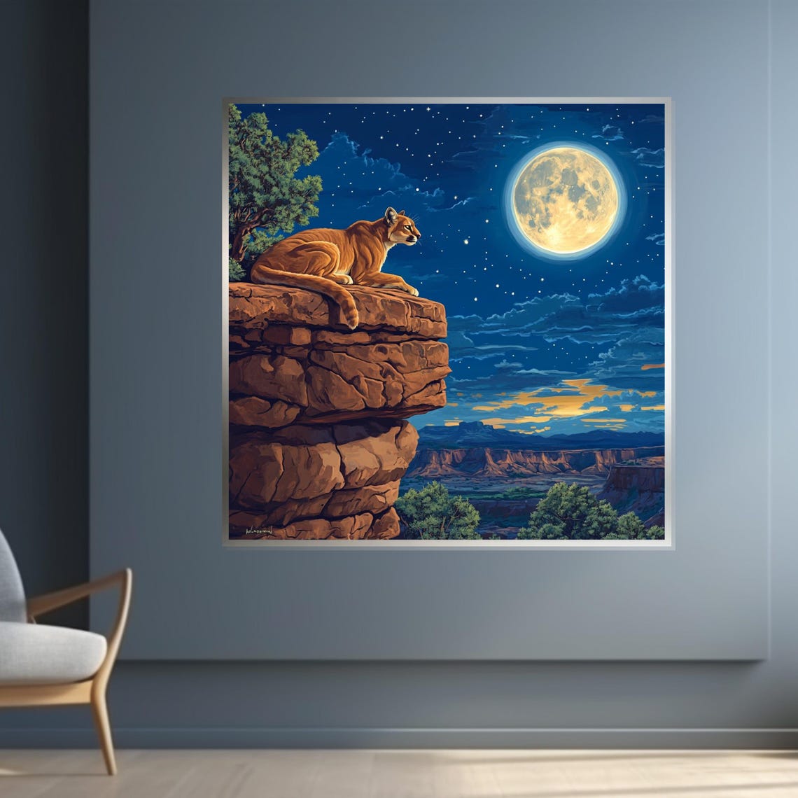 Mountain Lion On Cliff Edge Under Full Moon Night Wildlife Art Poster - Image 4