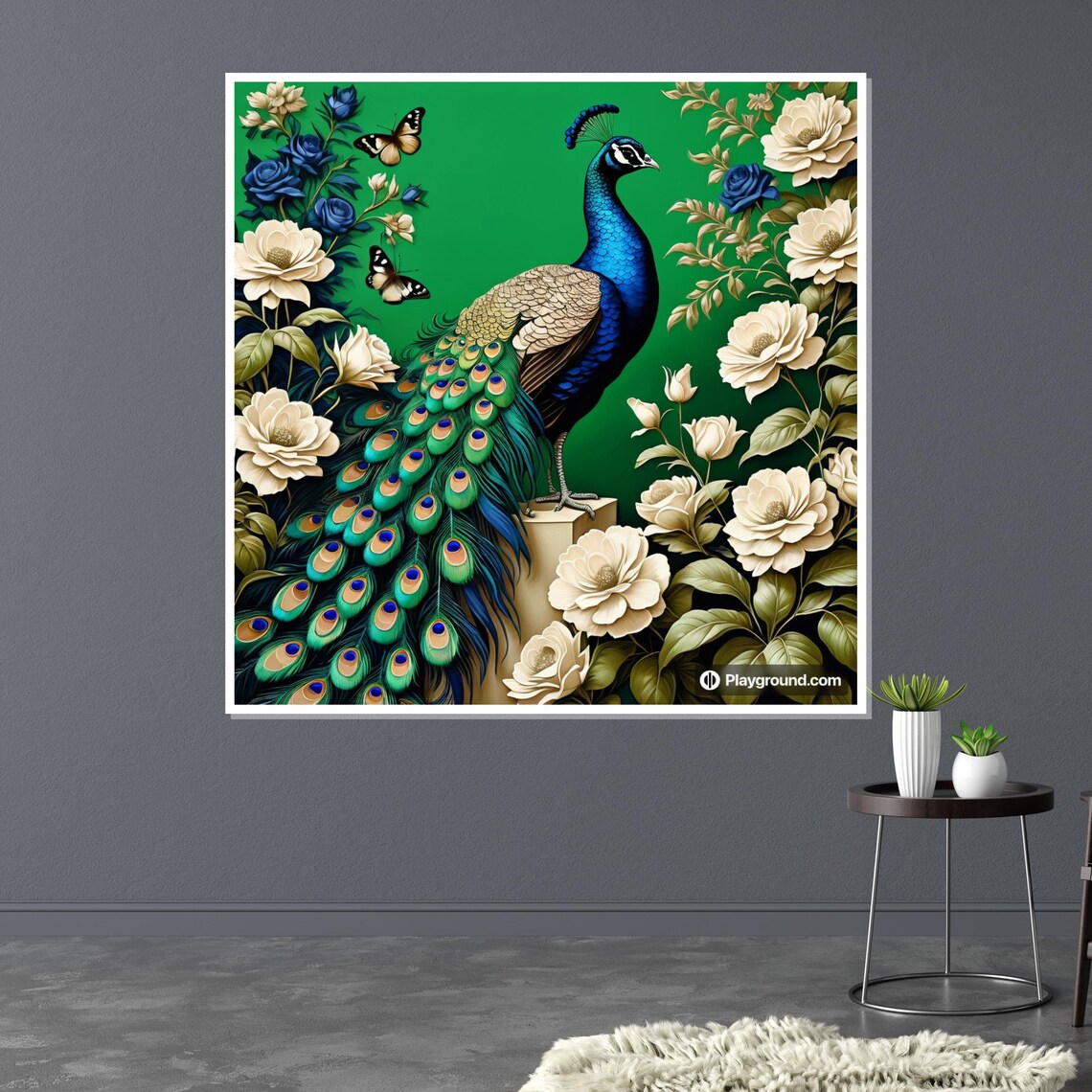 Elegant Peacock White Roses Butterflies Green Regal Bird Art Poster - Image 3
