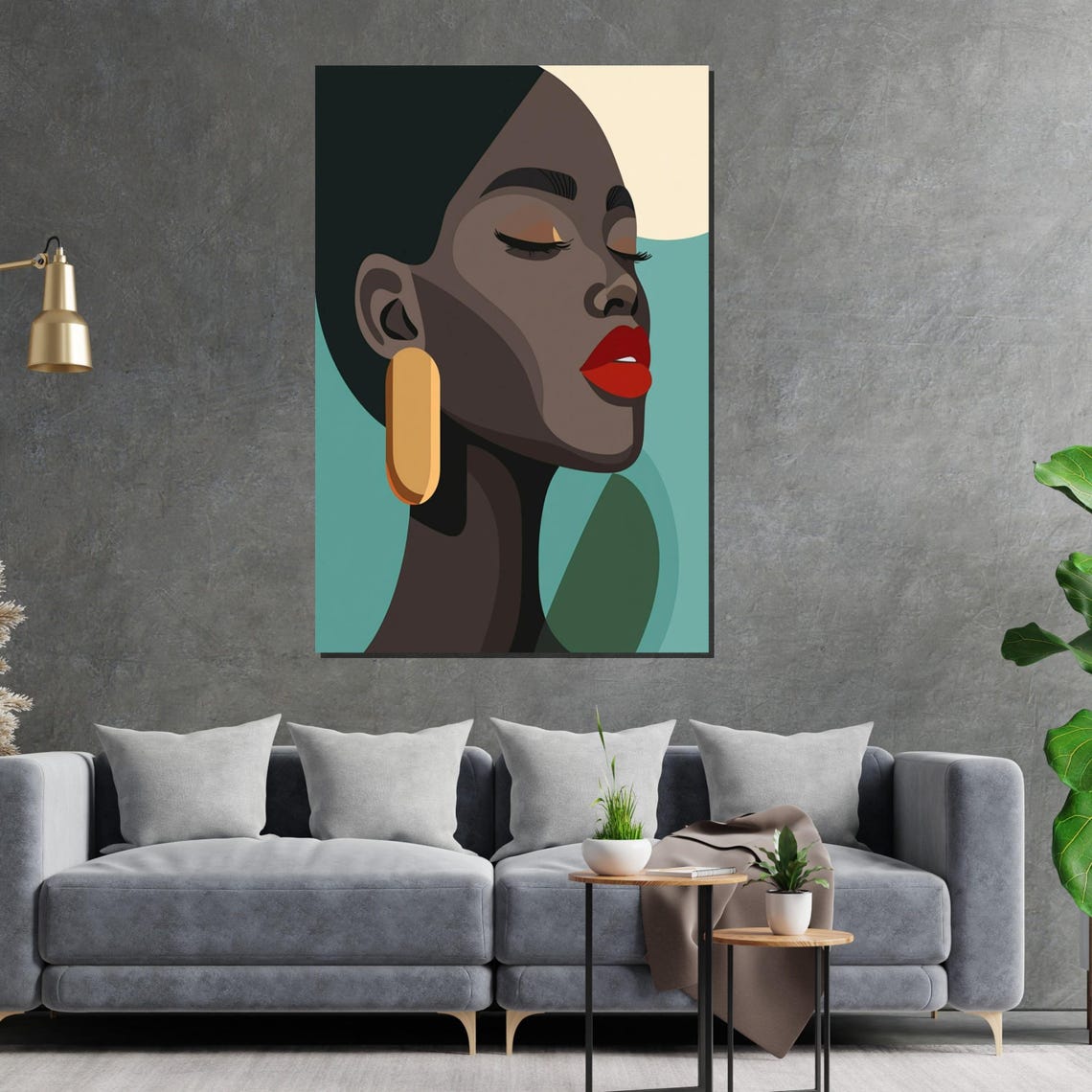 Modern Woman Portrait With Red Lips And Gold Earring Teal Style Poster - Image 2
