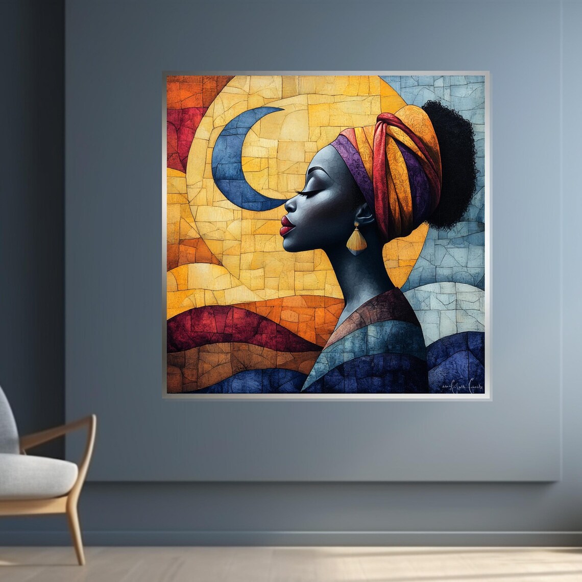 Moonlit Mosaic Woman Headwrap Crescent Moon Ethnic Art Poster - Image 4
