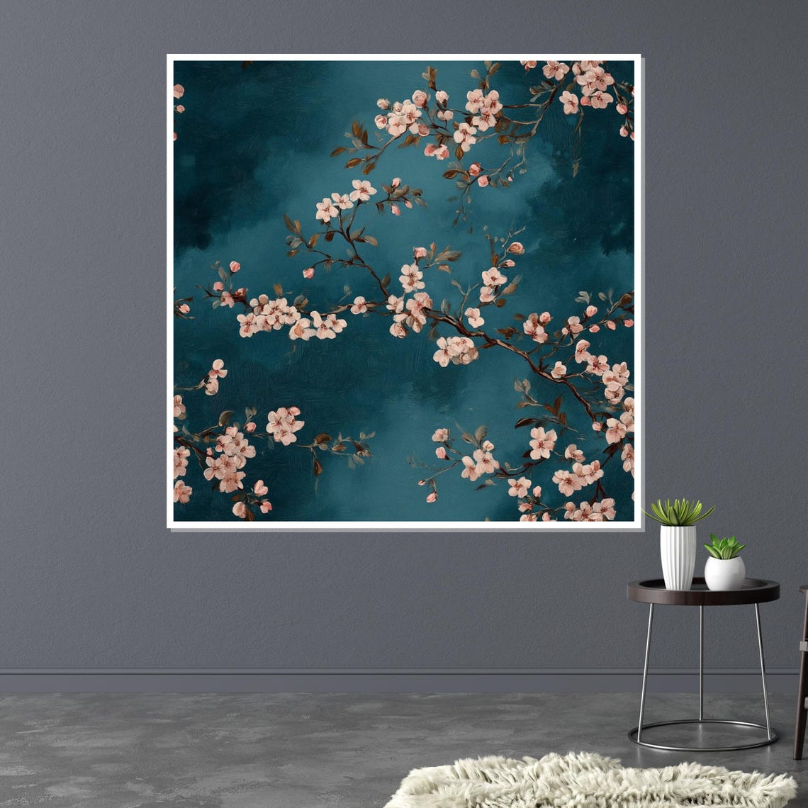 Cherry Blossoms Teal Background Square Floral Painting Poster - Image 3