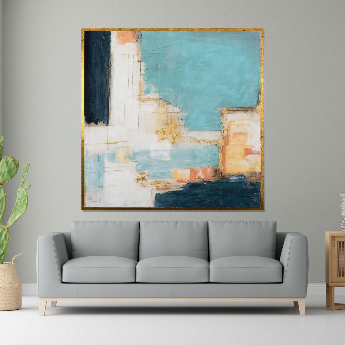 Turquoise and Blue Abstract Modern Art with Gold Leaf Accents Poster