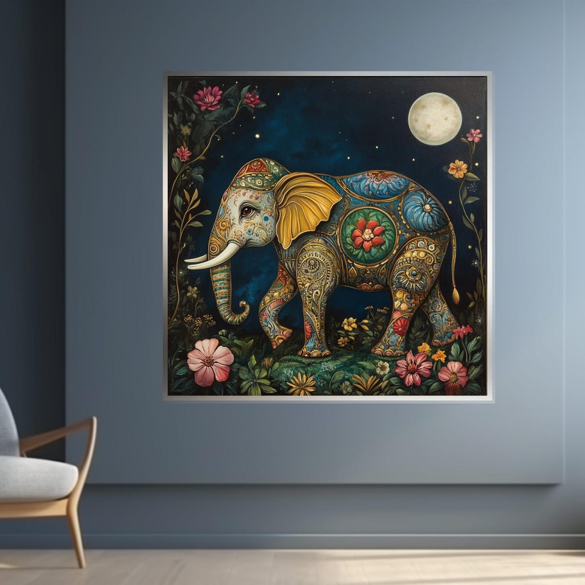 Ornate Floral Elephant under Moonlight Boho Indian Style Art Poster - Image 4