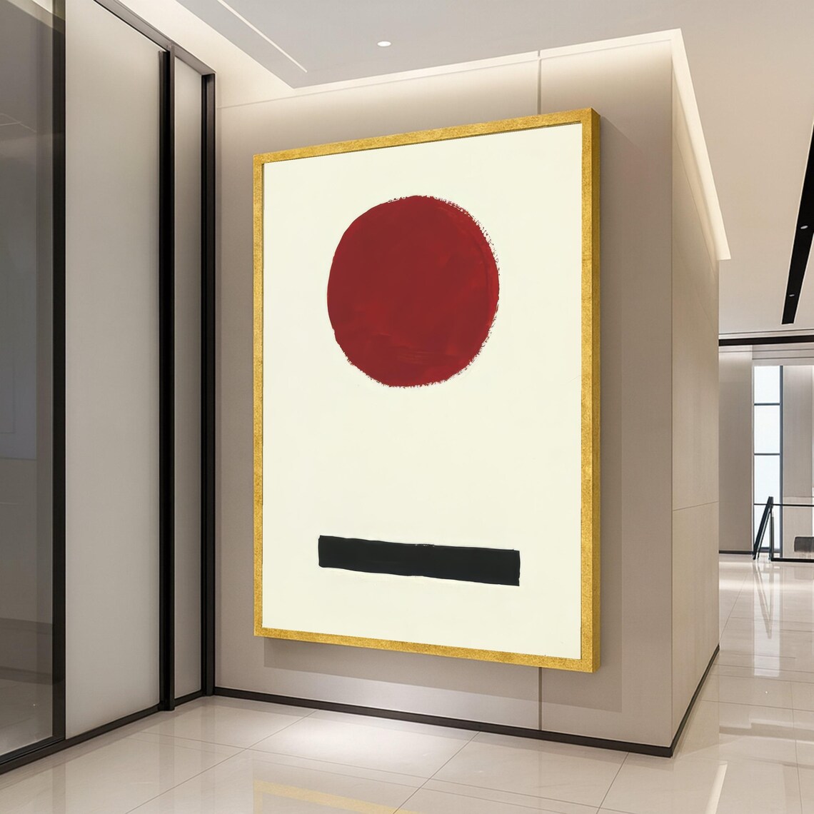 Minimalist Abstract Red Circle And Black Rectangle Art Print